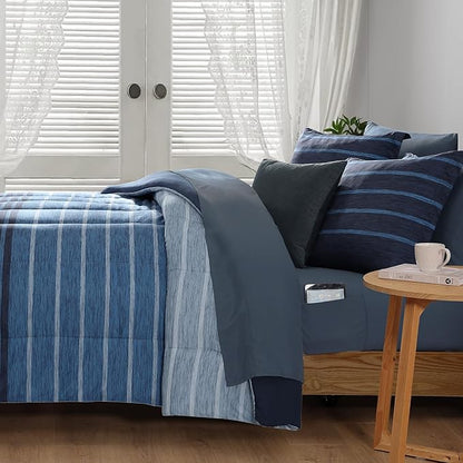 Monbix King Size Comforter Set - 7 Pieces Bed in a Bag King, Navy Blue-Stripe Bedding Sets, All Seasons Comforter Bed Set with Sheets, Pillowcases & Shams