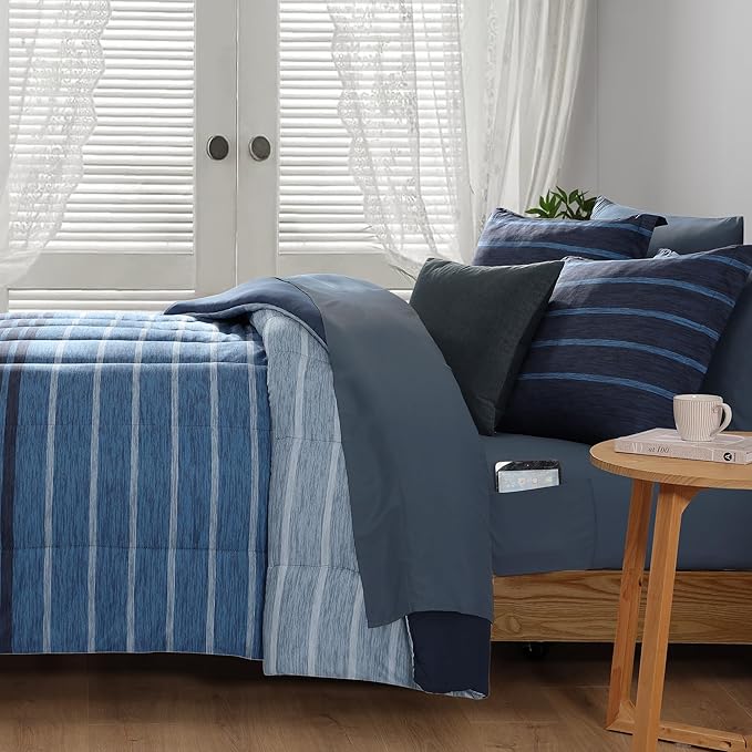 Monbix Queen Comforter Set - 7 Pieces Bed in a Bag Queen, Navy Blue-Stripe Bedding Sets, All Seasons Comforter Bed Set with Sheets, Pillowcases & Shams
