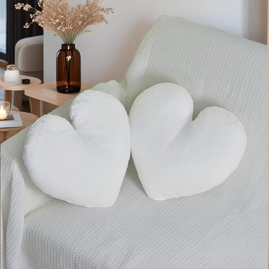 2 Pcs Heart Pillow Decorative Throw Pillows 16-inch Cute Soft Fluffy Heart Shaped Pillows for Bed Couch Sofa Bedroom Living Room Decor Aesthetic (White, 16"x13.78")