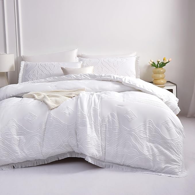Boho King Size Comforter Set White 3 Pieces Tufted Tassel King Comforter Set Prime Lightweight Down Comforter King Size White Farmhouse Boho Bedding Shabby Chic Fluffy Comforter Bed Set Gift Choice