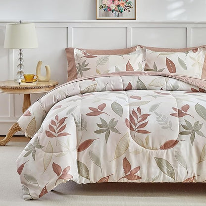 AIKASY 7-Piece Comforter Set Bed in a Bag, Beige Leaf Pattern Bedding Set with Comforter, Soft and Cozy All-Season Bedroom Decor (King, Beige)