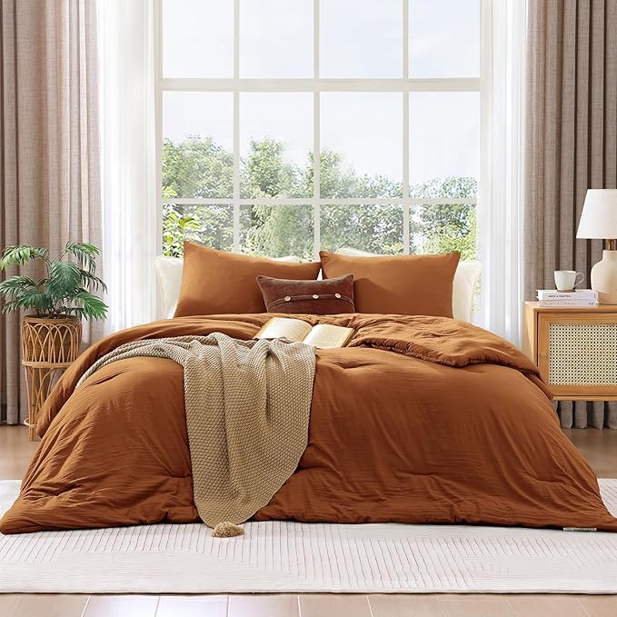 WRENSONGE Queen Comforter Set - 3 Pieces Prewashed Burnt Orange Comforter Soft Lightweight for All Seasons, Fluffy Down Alternative Comforter Queen Size with 2 Pillow Shams