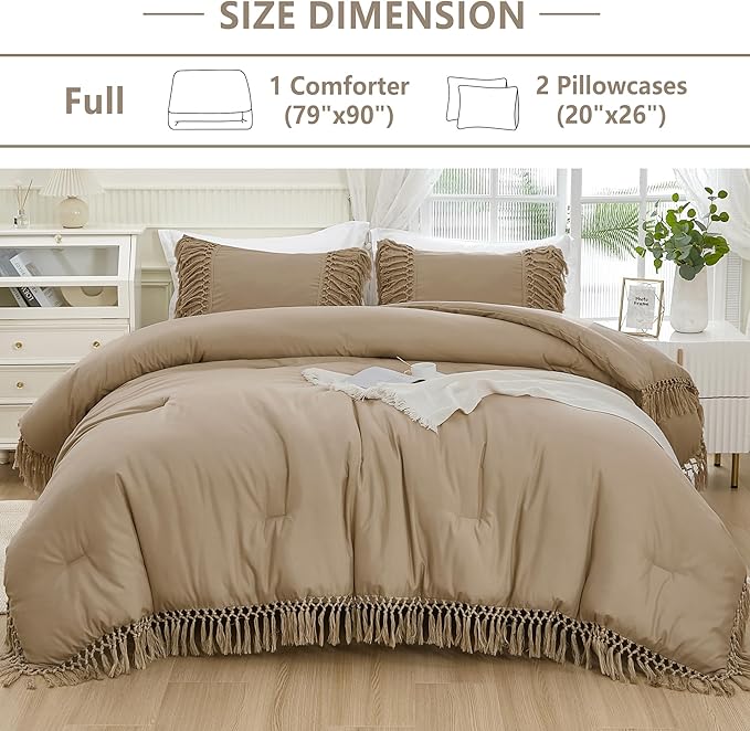 Andency Taupe Full Size Comforter Set, 3 Pieces Boho Tassel Lightweight Soft Bedding Comforter Sets, All Season Fluffy Fringe Bed Set (79x90In Comforter & 2 Pillowcases)