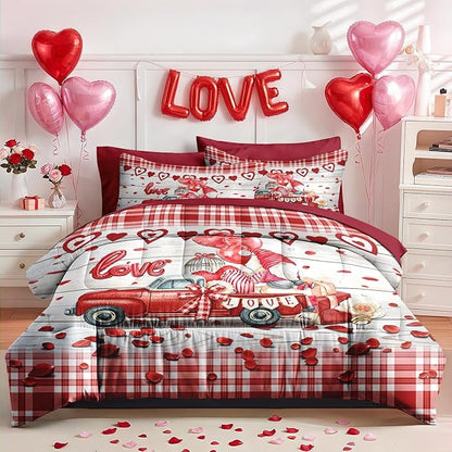 Nesker 7 Pcs Valentine's Day Comforter Set Queen Size, Romantic Heart Truck Bedding Set for Kids and Adults, Sweet Love Gnomes Sheets Bed Sheet Sets with Fitted Sheet 2 Pillowcases & 2 Shams