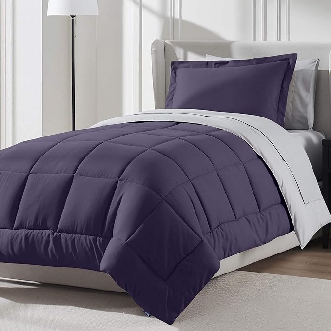 Nestl 5 Piece Twin Comforter Set – Purple Reversible Bed in a Bag – Complete Twin Size Bedding Set with Sheets, Pillowcase and Sham