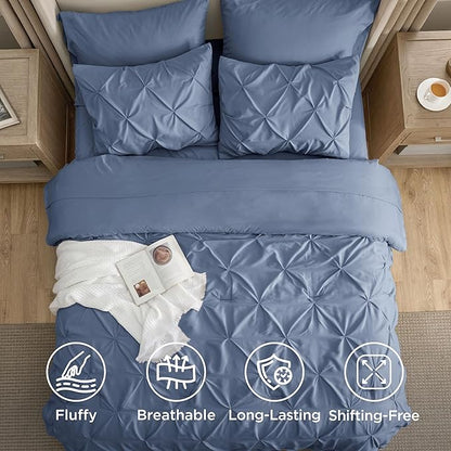 Bedsure Full Comforter Set Slate Blue - Bed in a Bag Full Size Bedding Set 7 Pieces, GentleSoft™ Pintuck Bed Set Gift for Family, Pinch Pleat All Season Comforter with Sheets, Pillowcases & Shams