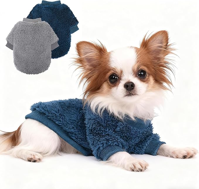 Cozy Pet Fleece Sweater, Double Velvet Winter Dog Clothes, Purple and Cream, Set of 2 (Navy Blue+Grey, Small)