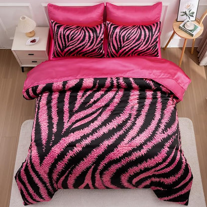 A Nice Night Zebra Printed,Satin Silky Soft Quilt Sexy Luxury Super Soft Microfiber Comforter Quilt Bedding Comforter Set, Light Weighted (Rose, Queen(88-by-88-inches))