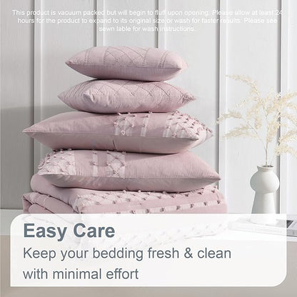 Swift Home Layla 100% Cotton Washed Clip Jacquard Gauze 5-Piece Bedding Comforter Set, All Season & Breathable, Oeko-TEX Certified – Hushed Blush, Full/Queen