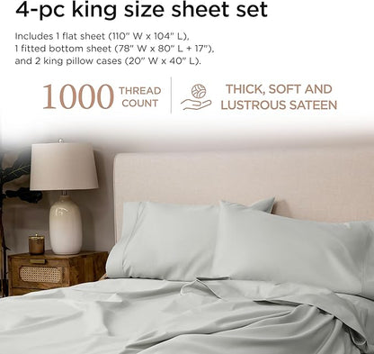 Threadmill Luxury Supima Cotton Sheets, 1000 Thread Count Soft 100% Cotton Sheets for King Size Bed, 4 Pc Light Grey King Bed Sheet Set, 5-Star Hotel Quality with Elasticized Deep Pocket King Sheet
