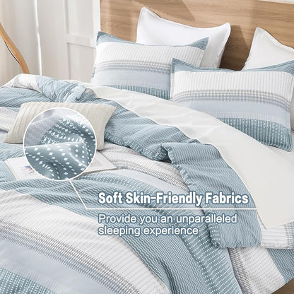 Litanika Light Blue Comforter Twin/Twin XL Size Set, 2 Pieces Bedding Set, Single Blue White Colorblock Striped Bed Set (66x90In Comforter & 1 Pillowcase)