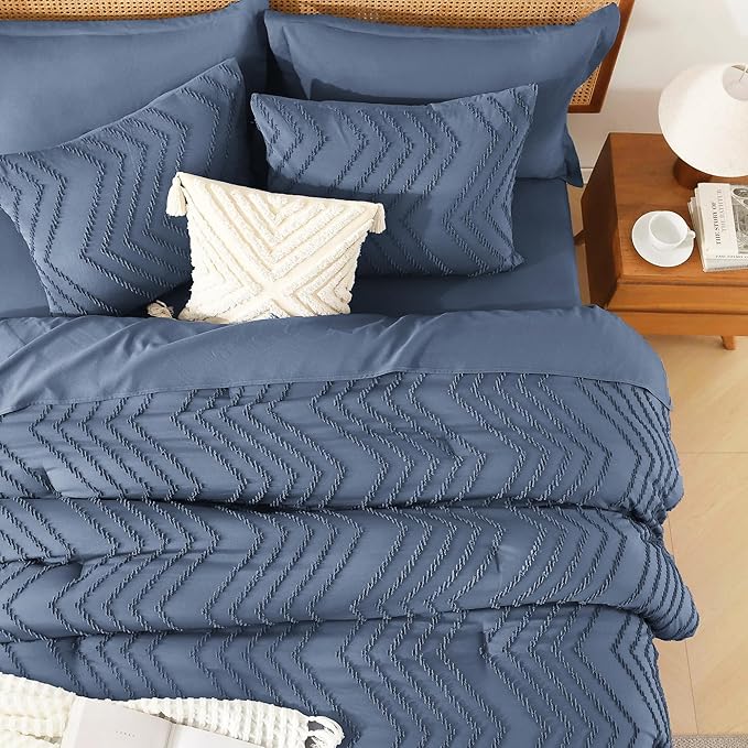 Litanika Queen Size Comforter Set with Sheets Ocean Blue - 7 Pieces Bed in a Bag Queen Chevron Tufted Complete Bedding Sets with Comforter, Sheets, Pillowcases & Shams