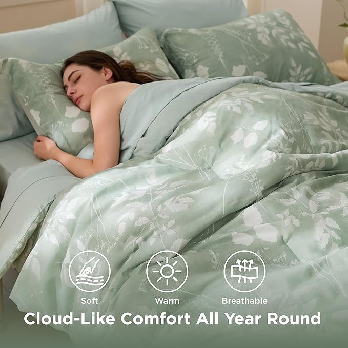 Bedsure Twin Comforter Set - 5 Pieces Floral Sage Green Soft Bedding Sets, Twin Bed in a Bag with Botanical Flowers Comforter, Sheets, Pillowcase & Sham