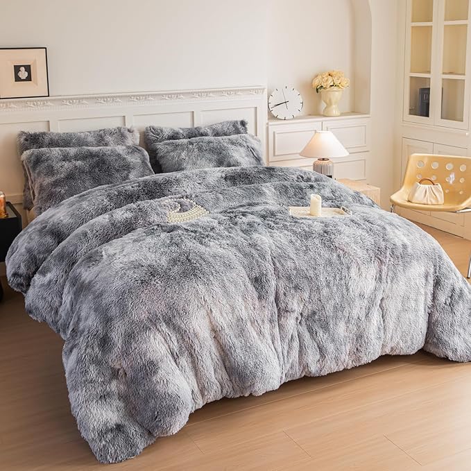 chovy Faux Fur Tie-Dyed Black White Gray Colorful Comforter Sets Queen - 3PC Bed Set Ultra Soft Plush Flannel Velvet Fluffy Fuzzy Bedding（Comforter x 1 Pillowcases x 2）
