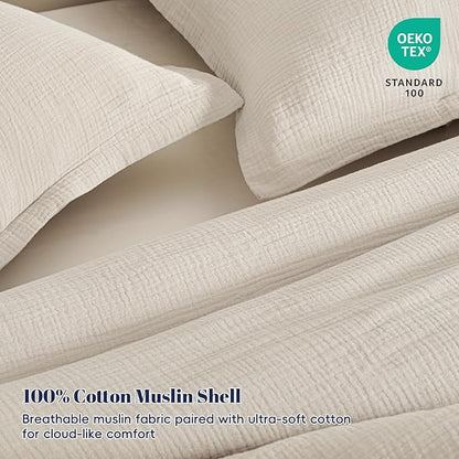 PHF Cotton Muslin Comforter Set Twin – 100% Cotton Cover, Ultra Soft & Breathable, 2PCS Lightweight All-Season Bedding with Polyester Fill, 1 Comforter 68"x90" & 1 Pillow Sham 20"x26", Natural