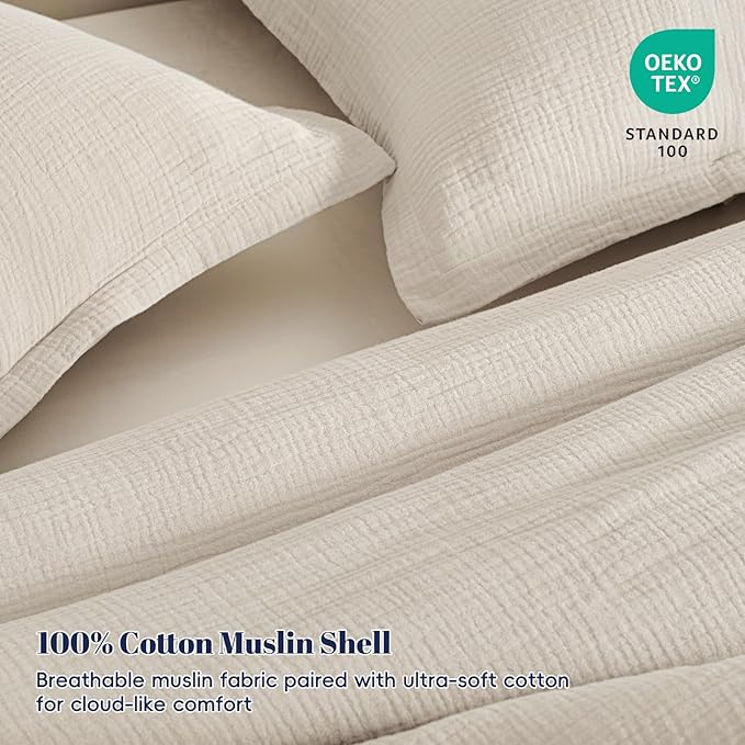 PHF Cotton Muslin Comforter Set King – 100% Cotton Cover, Ultra Soft & Breathable, 3PCS Lightweight All-Season Bedding with Polyester Fill, 1 Comforter 104"x90" & 2 Pillow Shams 20"x36", Natural