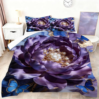 Floral Butterfly Bedding Set King Size 3PCs Gold Purple Blue Marble Flower Bedding Set for Kids Girls Women Marbled Purple Blue Gold Bed Set Soft Marbling Art Quilt Set with 2 Pillowcases