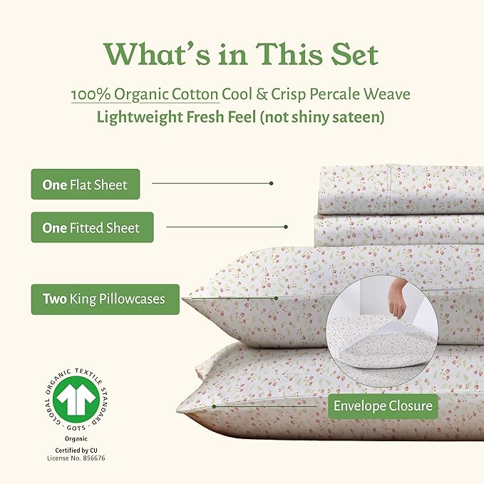 California Design Den Cal King Floral Sheet Set, 100% Organic Cotton Percale Sheets, Deep Pocket California King Sheets & Pillowcase Set - Floral