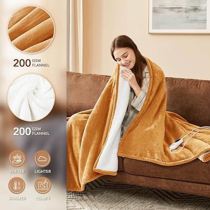 Homemate Heated Blanket Electric Throw - 50"x60" Heating Blanket Throw 1/2/4/6/8 Hours Auto-Off 10 Heat Level Over-Heat Protection Flannel Sherpa ETL Certification
