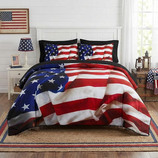 Nesker 7 Pcs Comforter Set Full Size, Patriotic American Flag Bedding Set for Kids and Adults, Blue Red and White Federations Stars Bed Sheet Sets with Fitted Sheet 2 Pillowcases & 2 Shams