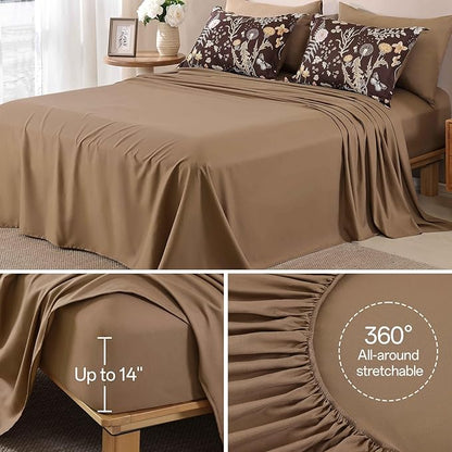 Yiran Brown Comforter Set King Size, 7 Piece Floral Comforter Bedding Set, Farmhouse Bed in a Bag, Soft Microfiber Complete Bedding Set with Sheets for All Season