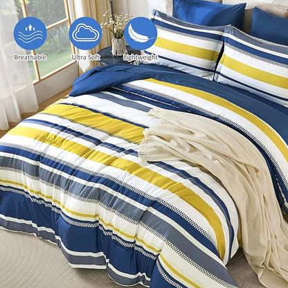 WONGS BEDDING Blue Comforter Queen Size Set, 7 Pieces Bed in a Bag Blue and Yellow Comforter Set, Soft Boho Striped Bedding Sets with Sheets, Pillowcases & Shams