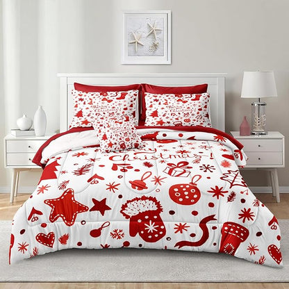 Merry Christmas Comforter Queen White Red Bedding Set Cute Christmas Tree Gift Xmas Stocking Pattern Snowflake Winter Theme Boys Girls Holiday Bed in A Bag