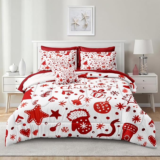 Merry Christmas Comforter King White Red Bedding Set Cute Christmas Tree Gift Xmas Stocking Pattern Snowflake Winter Theme Boys Girls Holiday Bed in A Bag