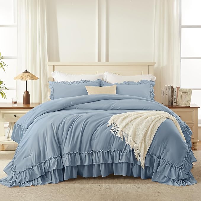 Andency Twin XL Ruffle Comforter Set, 2 Pieces Shabby Chic Farmhouse Bedding Set, Lightweight Soft Comforter Set 68×92In for Girls Women (1 Comforter 1 Pillowcase), Grayish Blue