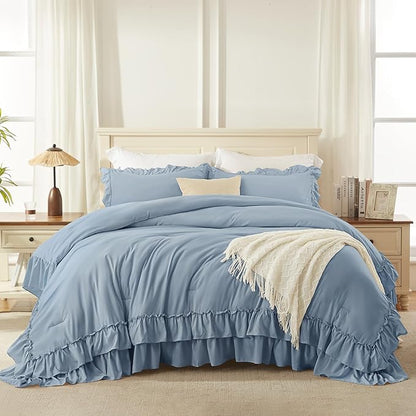 Andency Grayish Blue Full Size Comforter Set, 3 Pieces Lightweight Fluffy Shabby Chic Ruffle Bedding Comforter Sets, All Season Soft Microfiber Bed Set for Kids, Boys, Men(79x90Inch)