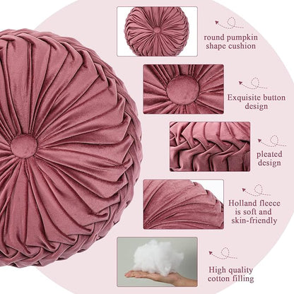 1 Pcs Round Throw Pillows Decorative Velvet Pleated Throw Pillows 15'' Diameter Accent Pumpkin Boho Chair Cushion for Couch Sofa Chair Bed Home Decoration (Dusty Rose)
