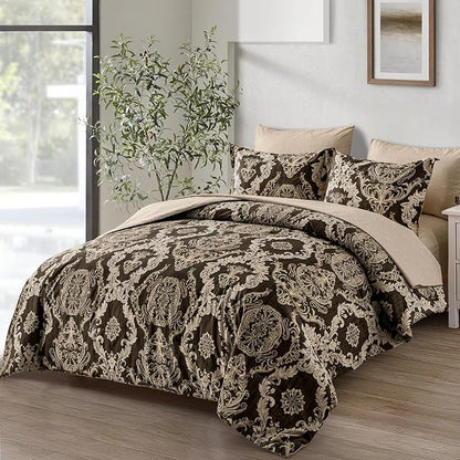 WONGS BEDDING 7 Pieces Comforter Set King Size,Damask Texture Design Bed in a Bag Bedding Sets,Brown Soft Lightweight Microfiber Bedding Set for All Season