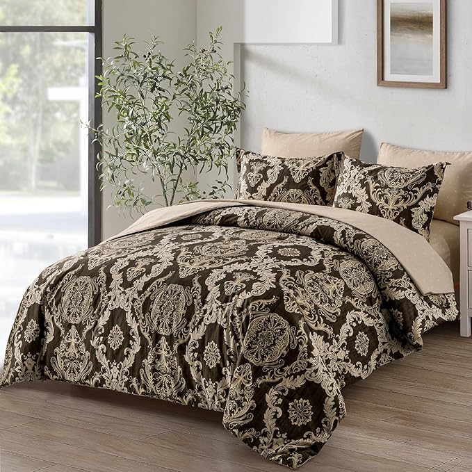 WONGS BEDDING 7 Pieces Comforter Set Queen Size,Damask Texture Design Bed in a Bag Bedding Sets,Brown Soft Lightweight Microfiber Bedding Set for All Season