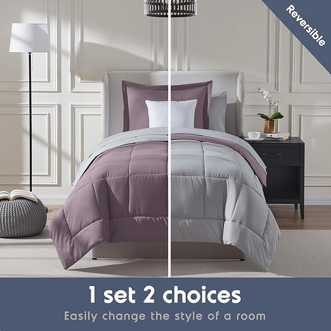 Nestl 5 Piece Twin XL Comforter Set – Dusty Purple Reversible Bed in a Bag – Complete Twin XL Size Bedding Set with Sheets, Pillowcase and Sham