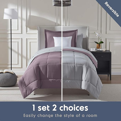 Nestl 5 Piece Twin XL Comforter Set – Dusty Purple Reversible Bed in a Bag – Complete Twin XL Size Bedding Set with Sheets, Pillowcase and Sham