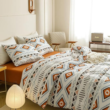 CLOTHKNOW Aztec Boho King Size Comforter Set Geometric Bedding Comforter Sets White Brown Comforter with 2 x Pillow Cases