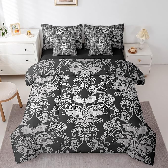 Erosebridal Gothic Damask Bed in a Bag King Size Comforter Set 7 Pieces,Halloween Bat Bedding Sets Black White Victorian Floral Goth Sheet Set with Comforter