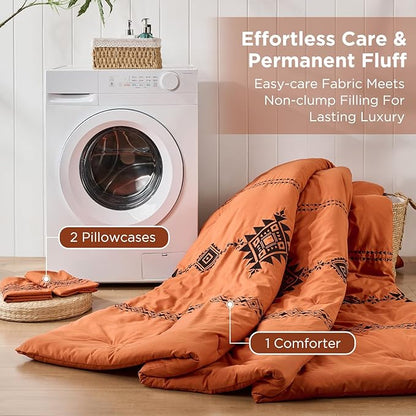 Embroidered Boho Comforter Set King Size, 3-Piece Western Shabby Chic Bedding Set - Fluffy Ultra Soft Microfiber with Intricate Design, Includes Comforter & 2 Pillowcases, Pumpkin(102"x90")