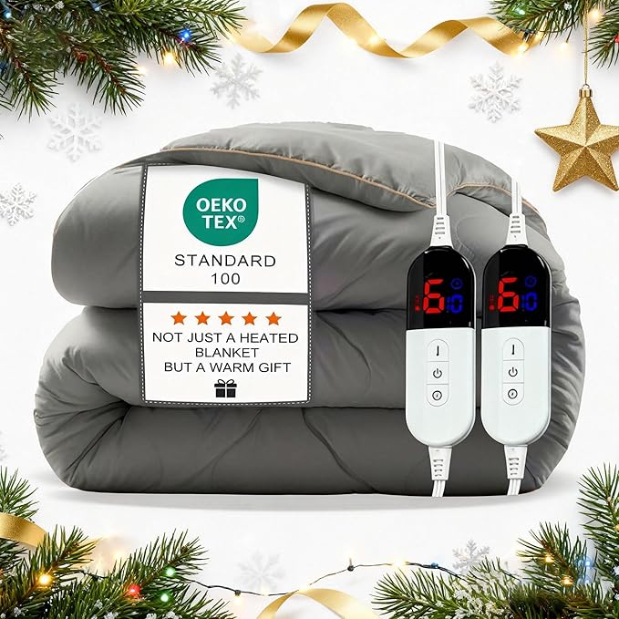 Electric Blanket King Size - Dual Control Heated Blanket King Size, Fast Heating with 10 Time Settings & 6 Heat Settings, Warm Gift (Gray, King 90" x 104")