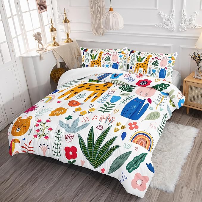 Kids Cute Cat Comforter Set Full Size 3Pcs Cartoon Pet Rainbow Giraffe Fishing Bedding Set Lovely Animal Parrot Flower Quilt Bed Set for Children Girls Boys Room Decor