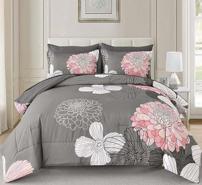 Yiran Full Size Comforter Sets,7 Pieces Grey Pink Floral Comforter Set with Flowers Pattern,Soft Microfiber Bedding Set for All Season(90"x78")