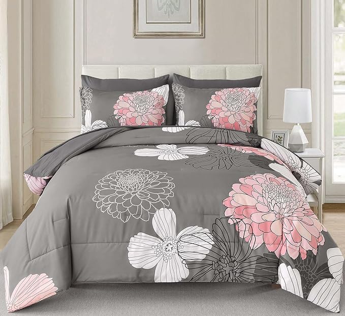 Yiran Grey Pink Comforter King Size 7 Pieces Floral Bed in a Bag Boho Comforter Set Soft Microfiber Bedding Sets for All Season with Flat Sheet Fitted Sheets Pillowcases & Pillowshams
