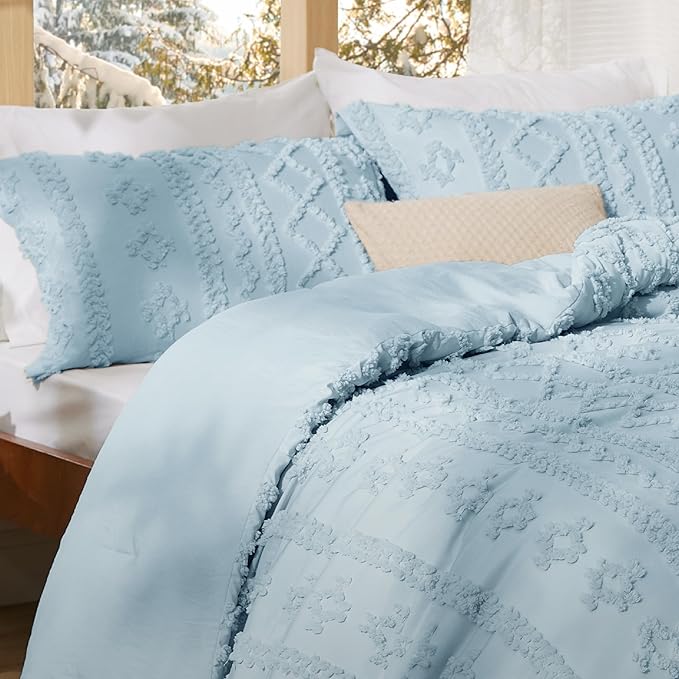 Bedsure Tufted Boho Comforter Set Queen Size - Light Blue Boho Bed Set, GentleSoft™ 3 Pieces Farmhouse Shabby Chic Embroidery Bedding, Gifts for Woman, Soft Jacquard Queen Comforter for All Seasons