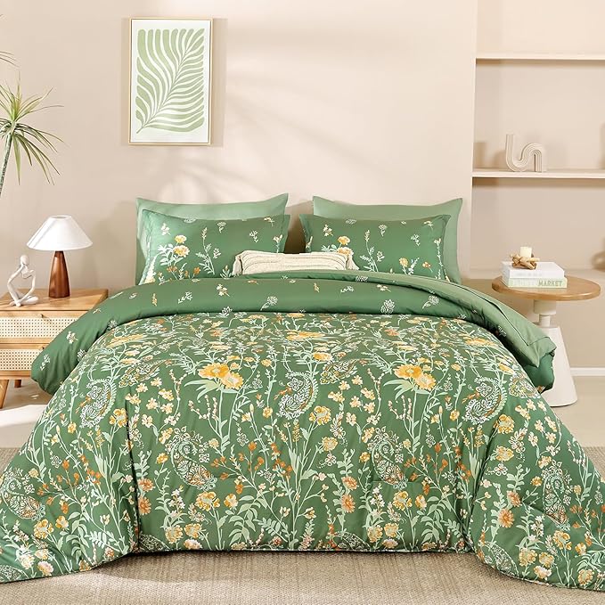 Yiran 7 Piece Sage Green Watercolour Floral Comforter Set King Size, Watercolour Botanical Comforter Bedding Set, Bed in a Bag King, Soft Microfiber Complete Bedding Set with Sheets for All Season