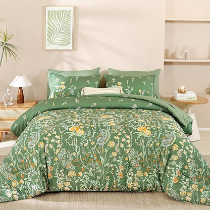 Yiran 7 Piece Sage Green Watercolour Floral Comforter Set King Size, Watercolour Botanical Comforter Bedding Set, Bed in a Bag King, Soft Microfiber Complete Bedding Set with Sheets for All Season