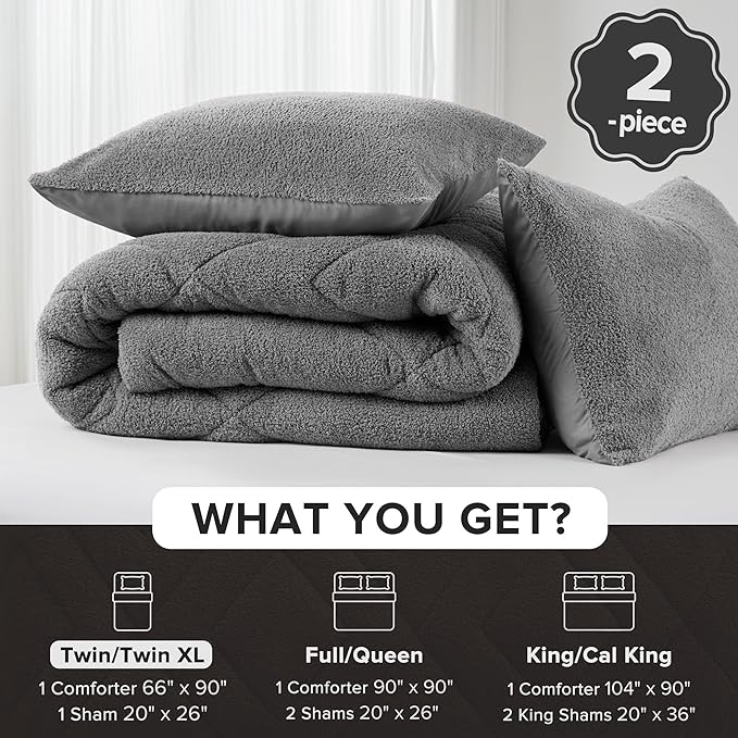 Comfort Spaces Twin Comforter Set Reversible Feather-Soft Plush Comforters for Twin Size Bed All Season Lightweight Shearling Fleece Sherpa Comforter Twin Size Bed Set, Twin/Twin XL, Grey 2 Piece
