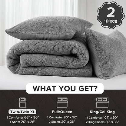 Comfort Spaces Twin Comforter Set Reversible Feather-Soft Plush Comforters for Twin Size Bed All Season Lightweight Shearling Fleece Sherpa Comforter Twin Size Bed Set, Twin/Twin XL, Grey 2 Piece