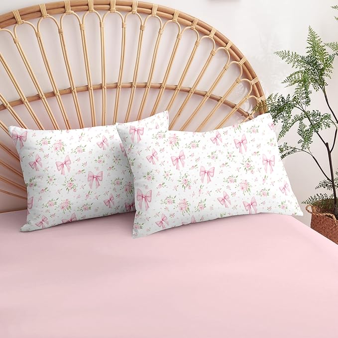 Nayoroom Pink Bow Comforter Set Queen Size White Green Leaf Floral Comforter 3 Pieces Girls Soft Lightweight Cute Coquette Bedding Set for All Seasons