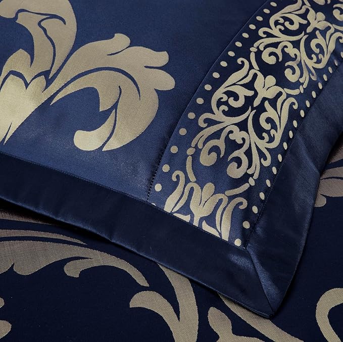Chezmoi Collection Valor 7-Piece California King Bed in a Bag, Navy/Gold Luxury Jacquard Floral Comforter with Sheets Set for All Season