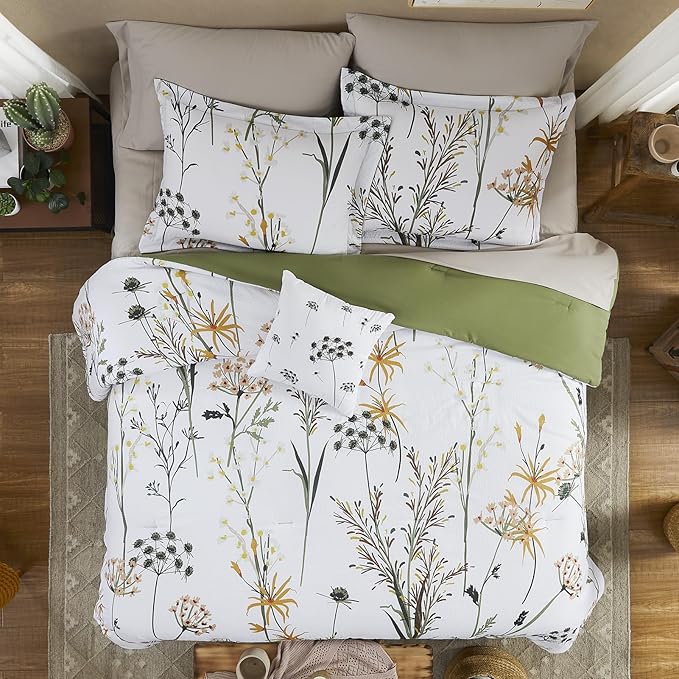CASAAGUSTO King Comforter Set 7 PCS White & Green Dandelion Plant Comforter Set with Flowers Leaves Pattern Soft Seersucker Design All Season Bedding Set(102"X90")